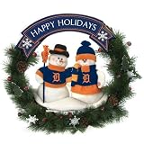 20" MLB Detroit Tigers Snowman Couple Christmas Berries and Pine Cones Wreath