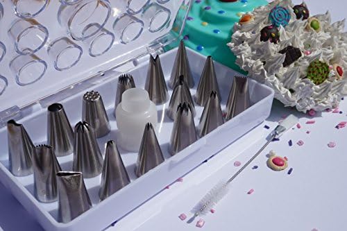 Exclusive 16 pcs Cake Decorating Tip Set, Top Quality Icing Kit for All Types of Patterns, Family Fun Guaranteed, Stainless Steel Nozzles, Included Coupler, Cleaning Brush and Convenient Plastic Tray