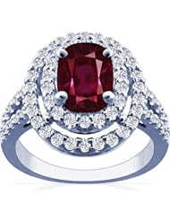 14K White Gold Cushion Cut Ruby Ring With Sidestones