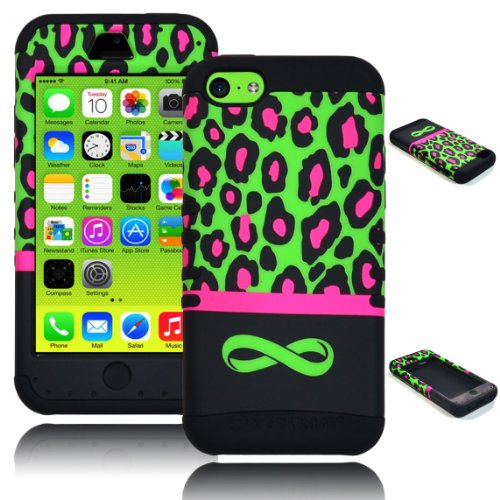 Bastex Heavy Duty Hybrid Case for iPhone 5C, 5th Generation - Black Silicone / Leopard Print Hard Shell with Infinity Symbol