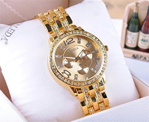 LNI Gold Stainless Steel Diamond Style Band Crystal Bezel Womens Geneva Watch