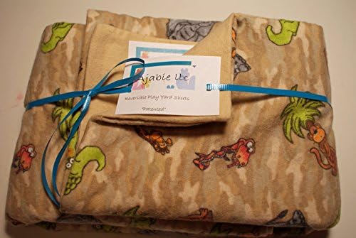 No Slip Reversible Pack n Play Play Yard Fitted Sheet Cover Zoo Animals Pattern and Beige Flannel 2 in 1 Patented