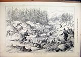 1884 OTTER HUNTING STREAM DOGS MEN ROCKS TREES PRINT