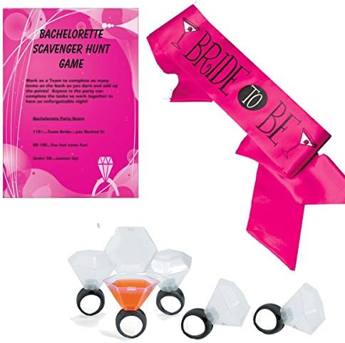 Bachelorette Party Supplies Bundle of 3 - Pink sash, 12 ring shot glasses and scavenger hunt game.