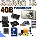 Canon Powershot SD880 IS 10.0MP 4x Optical Zoom Digital Camera Gold SD880IS 2672B001 4GB SDHC Memory Card - Extra Lithium Ion Battery Plus Rapid-Quick Charger - BigVALUEInc Accessory Saver Bundle + MORE