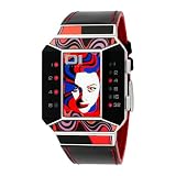 01TheOne Unisex SC113R1 Split Screen Art Edition Red LED Black Leather Watch