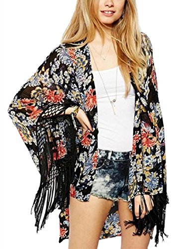 Taiycyxgan Womens Floral Batwing Sleeves Kimono Cardigan Blouse Jacket Coat (S)