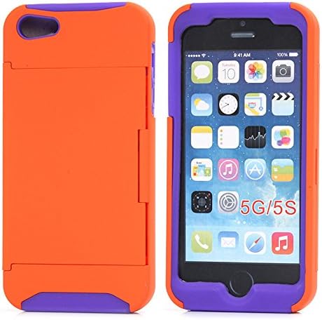iPhone 5 Case,iPhone 5S Case,Faypro® Dual Layer Cover Card Holder Hybrid PC Silicone Shockproof Protective Case with Kickstand for Apple iPhone 5 5S 5G (Orange&amp;Purple)