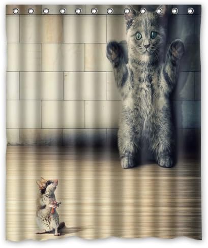 Artwork cats humor mice Polyester Shower Curtain Set with 12 Hooks,(60" wide x 72" long)