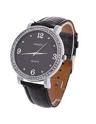 Women Quartz Wrist Watch Black PU Band Arabic Numerals Rhinestone Silver Bezel