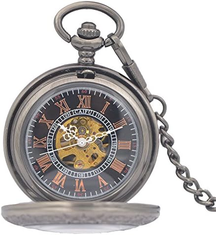 Vintage Style See Though Caase Wind Up Mens Mechanical Black Dial Roman Number Pocket Watch w/ Chain