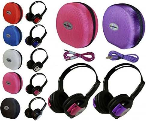 2 Pack Kid Sized Wireless Infrared Universal Car DVD IR Automotive Colored Adjustable 2 Channel Headphones With Case and 3.5mm Auxiliary Cord