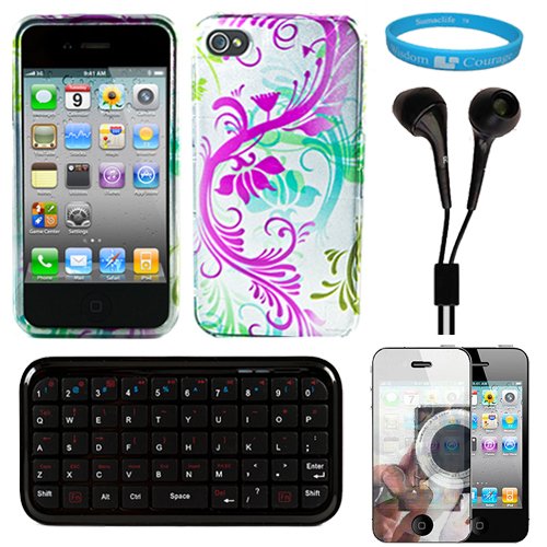 Silver Colorful Swirl Design Protective 2 Piece Rubberized Crystal Hard Case Cover for Verizon Wireless iPhone 4 (16GB, 32GB) 4th Generation and AT&T iPhone 4 + Mirror Screen Protector for Apple iPhone 4 LCD Display Screen + USB Car Charger + USB Travel Wall Charger + Naztech Bluetooth Mini i-Keyboard for Apple iPad and iPhone + Black Hifi Noise Reducing Headphones / Earbuds