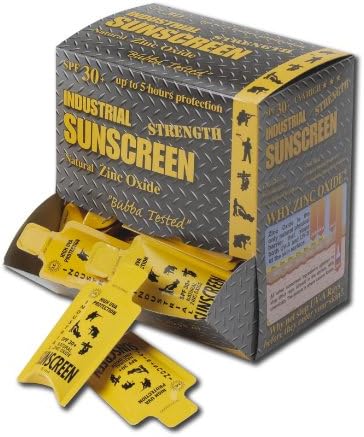 5 ML Packettes 50 per Box Industrial Sunscreen SPF 30+ with Physical Broad Spectrum Zinc Oxide, Rubs in Clear, 80 min water resistant. Zinc Oxide Acts like a Million Tiny Mirrors Reflecting Both UVB and UVA Rays before they enter your skin. "Fragrance Free" Made In USA. Leaves No White Residue. Made by American Workers for American Workers