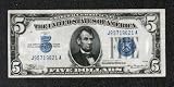 Series 1934 $5 Silver Certificate Big Blue Seal, Old U.S. Paper Money