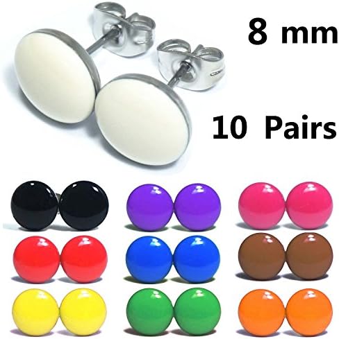 10 Pairs Stainless Steel Stud Earrings Round Disc Resin Multicolor Hypoallergenic, 8mm