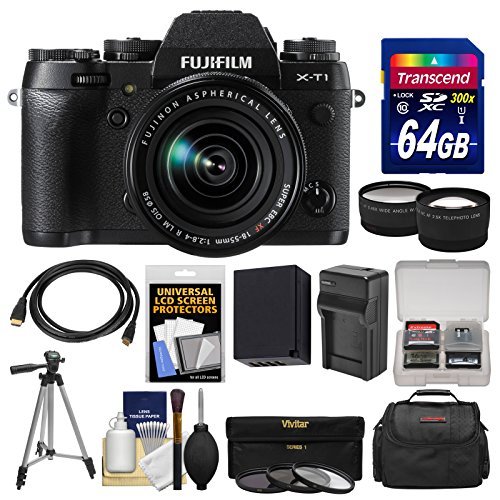 Fujifilm X-T1 Weather Resistant Digital Camera & 18-55mm XF Lens with 64GB Card + Case + Battery & Charger + Tripod + Tele/Wide Lens Kit