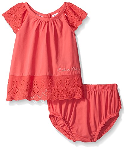 Calvin Klein Baby-Girls Peached Poplin with Eyelet Trim Top and Panty, Red Icing, 0-3 Months