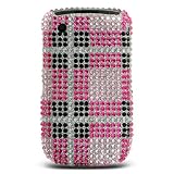 Sparkling Hot Pink with Pink Black Plaid Checker Full Diamond Rhinestone Snap on Hard Skin Faceplate Bling Cover Case for Blackberry Curve 8520 8530
