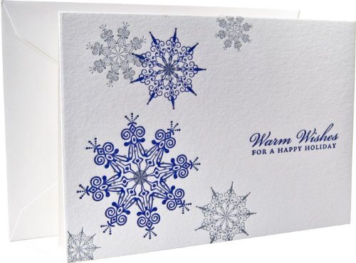 Hand-printed Elegant Letterpress Holiday Card, "Warm Wishes for a Happy Holiday," Navy and Frost on White, Single Card and Envelope