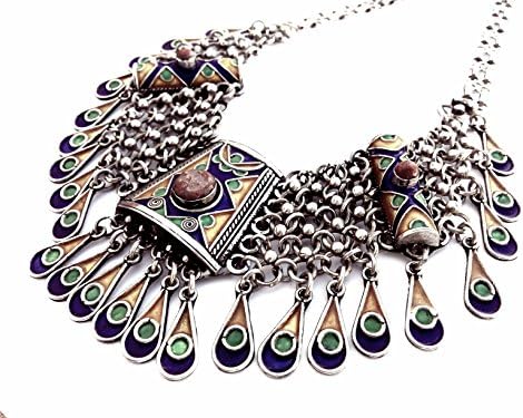 Authentic Handmade African Tuareg Berber Enamel Necklace Ethnic Tribal Silver Jewelry Gypsy Hippy