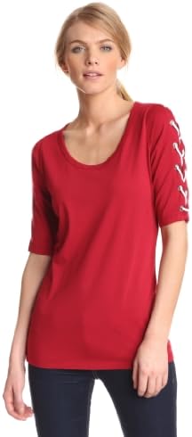 Pure Sage Women's Lace Up Sleeve Tee, Red, Small
