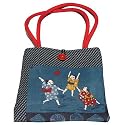 ArtisanStreet's Blue & White Purse: Children Playing. Kids Play Ball on Blue Background Combined with Geometric Pattern. Red Handles and Red Button Closure Complete the Tote. Handcrafted, One of a Kind.