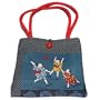 ArtisanStreet's Blue & White Purse: Children Playing. Kids Play Ball on Blue Background Combined with Geometric Pattern. Red Handles and Red Button Closure Complete the Tote. Handcrafted, One of a Kind.