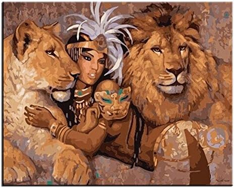 Haokuo Paintworks Paint By Number Diy Oil Painting, Lady with Lions 16*20 Inch Frameless