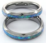 Narrow (4mm Wide) Faceted Tungsten Carbide Ring with Blue Opal Inlay