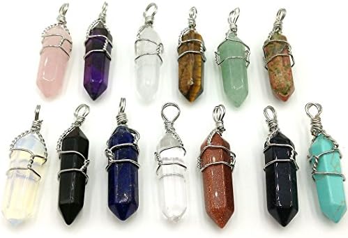TENND Hexagonal Natural Quartz Column Handmade Wire Wrap Healing Point Chakra Pendant for Necklace,13pcs