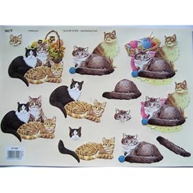 3D step by step TBZ embossed & gilded decoupage sheet - cats, wool basket, pansy basket