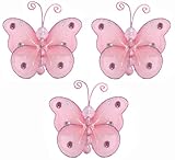 3" Pink Mini (X-Small) Wire Bead Butterfly Butterflies 3pc set - hanging nylon nursery bedroom