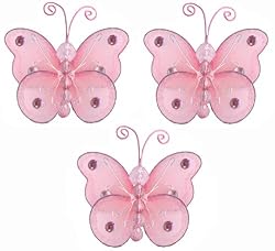 3 Pink Mini Wire Bead Butterfly Butterflies 3pc set - nylon hanging ceiling wall baby nursery room wedding decor decoration decorations girls bedroom party shower