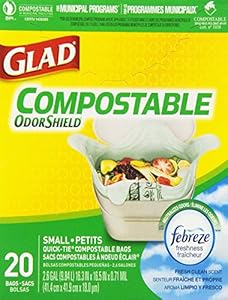 Glad OdorShield 100% Compostable Small Kitchen Quick-Tie Trash Bags, Fresh Clean, 2.6 Gallon, 20 Count (Pack of 2)