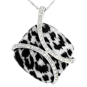 Sterling Silver 1/8cttw Diamond Black & White Leopard-Print Enamel Pendant on Box Chain, 18