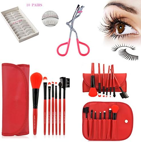 Makeup Brush Set Professional 7 Pieces Makeup Brushes Cosmetic Makeup Tool Set with 10 Pairs of False Eyelashes and a Pink Eyelash Curler - All-in-one Make up Tools (Red)