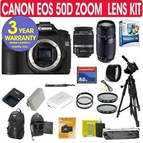 Canon EOS 50D 15.1 MP Digital SLR Camera + Canon 18-55mm Image Stabilizer Lens + Tamron 75-300mm Zoom Lens + 2x Telephoto Lens (up to 600mm) + (2) UV Filters + (2) PL Filters + 8 GIG High Speed Memory Card + Extra High Capacity Battery + Camera Backpack + 57 Deluxe Tripod + 11 Piece Kit + 3 Year Ce
