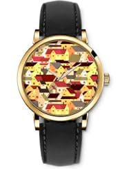 SPRAWL Aanalog Fashion Series Gold Ladies Watches of Genuine Black Leather Strap,Unique Wrist Watch for Women Girls Designed with colorful houses
