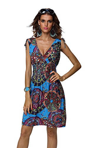 Jinhuanshow Women's Spring Summer Casual Low-cut V-neck Prints Sundresses(Small, Meiblue-fba)