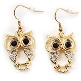Gold Tone Crystal Drop Owl Earrings