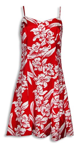 Princess Seam Tailored Fit Sun Dress - White Orchid Kamehameha Form Fitting A-Line Hawaiian Aloha Style 170 Sun Dress in Red - S