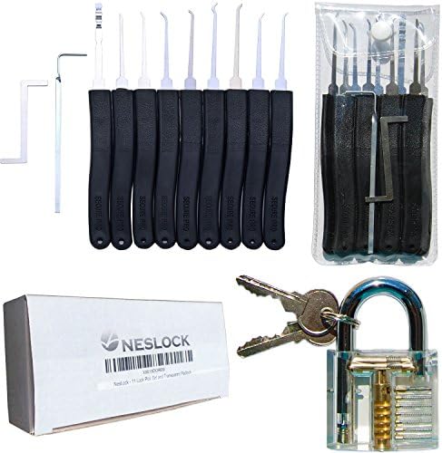NesLock - Lock Pick Set 11 Piece - Best Lock Picking Kit - Locksmith Training Tools in Case - Transparent Practice Padlock for Beginner and Professional - Broken Key Extractor and Ebook Instruction