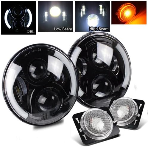 7 Inch Round CREE Black LED Projector Headlight and Hi-Power 5W COB SMD Side Marker(Chrome Amber) for Jeep JK TJ LJ CJ