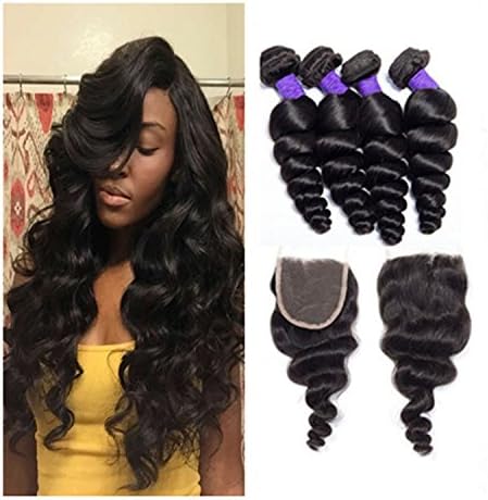 JieFar Hair 7A Brazilian Virgin Hair With Closure Brazilian Loose Wave With Closure3 Bundles Hair With Lace Closure Virgin Brazilian Hair(8" 10" 12"+8")