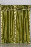Pair Olive Green sari curtains with attached beaded valance