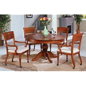 5pc Oak Finish Wood Round Dining Table and 4 Chairs Set w Casters by visiondecor Furniture