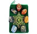 CHAKRA MANTRA STONES w/ Heart Chakra Pouch ~ Set of 7 Tumbled Chakra Stones Engraved w/ Sanskrit Chakra Symbols ~ Carnelian, Red Jasper, Golden Quartz, Green Aventurine, Lapis Lazuli, Sodalite, & Amethyst
