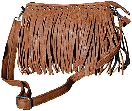 Womens Concealed Carry Purse with Fringe in Solid Faux Leather Clutch Style with Adjustable Strap (Brown)