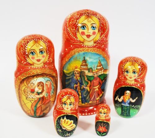 Russian Hand Painted Handmade Fairy Tales Skazki Nesting Dolls Set of 5 Pcs Artist Signed 5.5" Tall